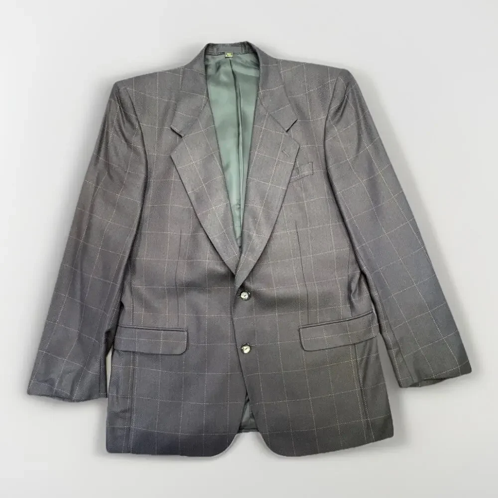 Bachrach Men’s Silk Black Blazer 42L Herringbone Weave Windowpane Check Pattern